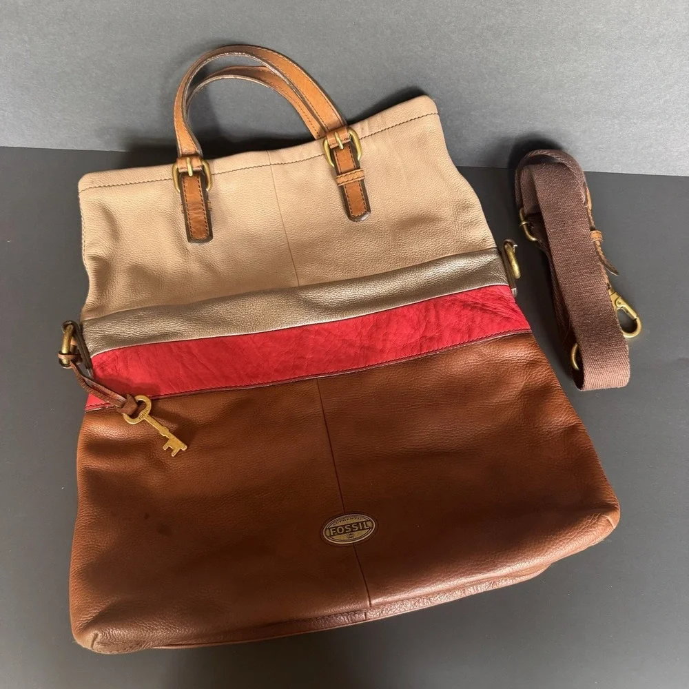 Fossil Explorer X-Large Foldover Crossbody Tote Brown Multicolor -